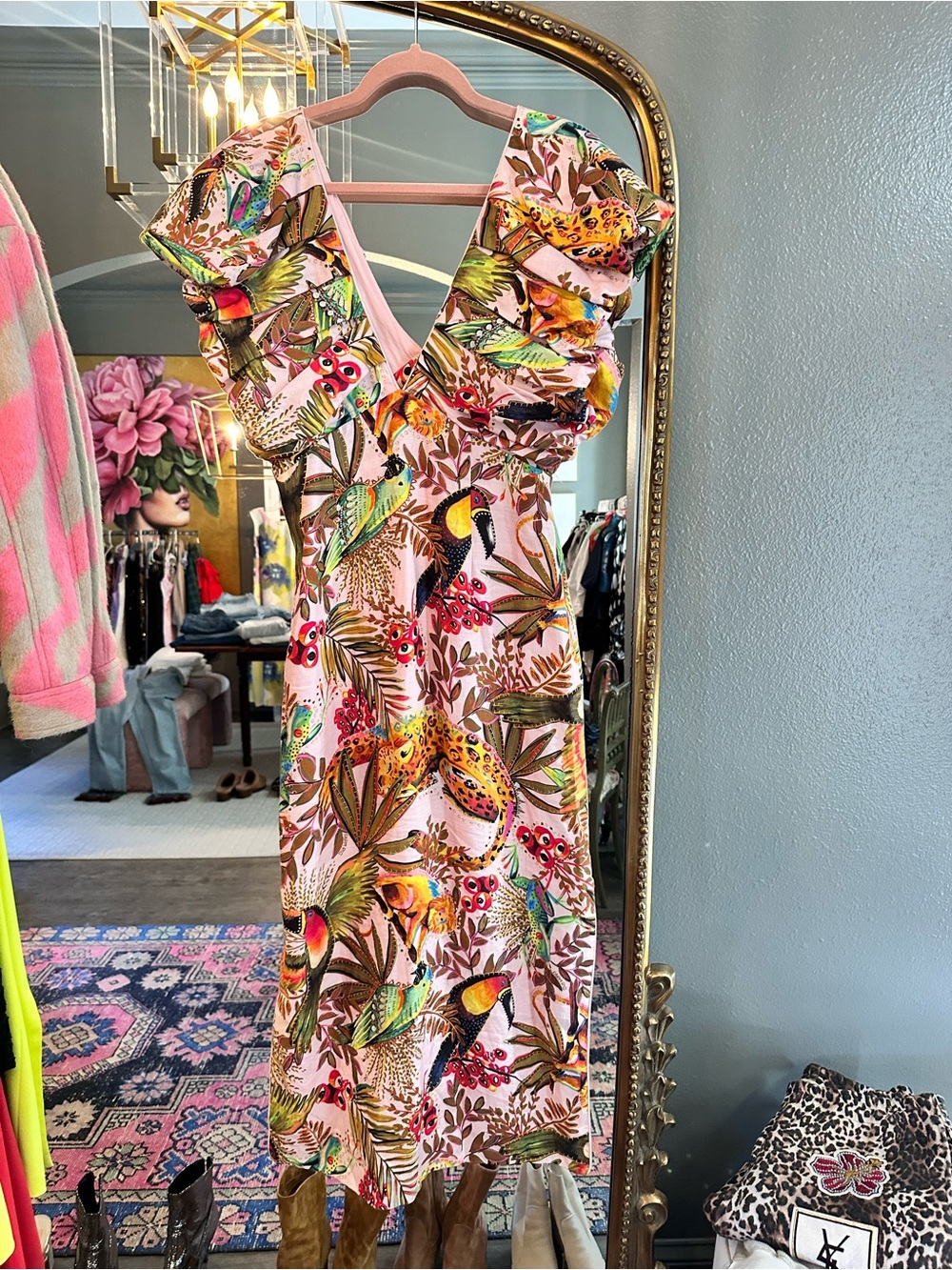 FARM Rio Pink Tropical Toucan Ruffle Maxi Dress
